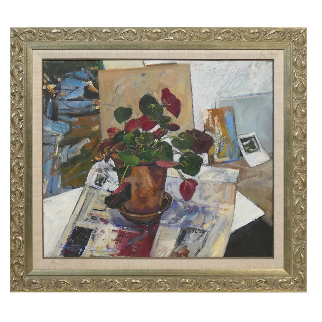 Russell Hollings (NZ 1948-) 'Studio Begonia IV' - oil on board, signed. Entitled and dated 2008 on reverse. 480 x 540mm. Image 1++