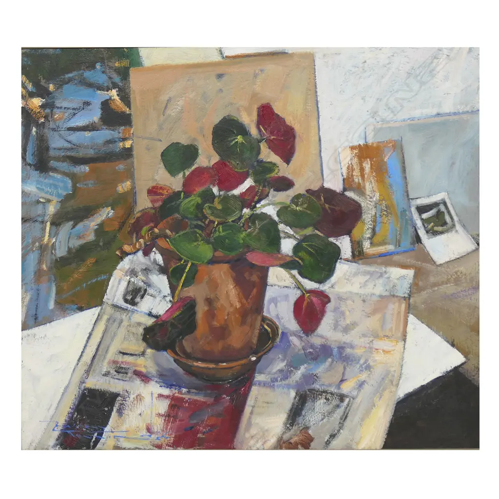 Russell Hollings (NZ 1948-) 'Studio Begonia IV' - oil on board, signed. Entitled and dated 2008 on reverse. 480 x 540mm. Image 1++