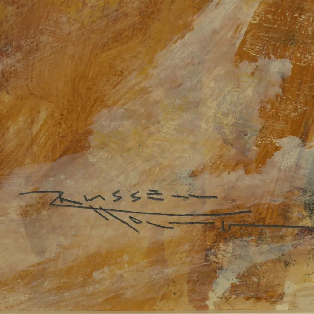 Russel Hollings 'Medieval Landscape' - mixed media, signed lower left; additional signed, titled and dated 2003 verso. 580 x 770mm. Antiqued gold acanthus ogee moulded frame, (small chip top right edge) overall 800 x 980mm, Image 1++