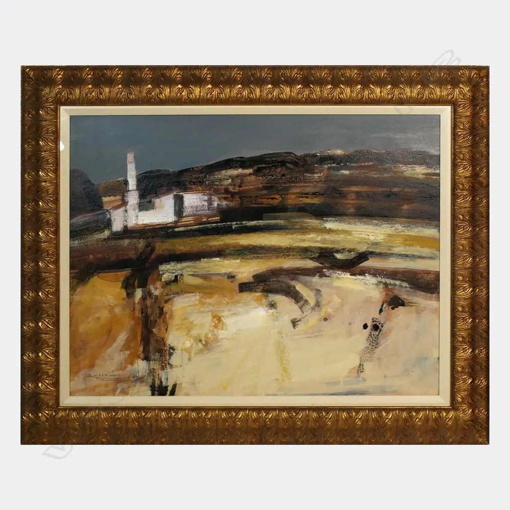 Russel Hollings 'Medieval Landscape' - mixed media, signed lower left; additional signed, titled and dated 2003 verso. 580 x 770mm. Antiqued gold acanthus ogee moulded frame, (small chip top right edge) overall 800 x 980mm, Image 1++