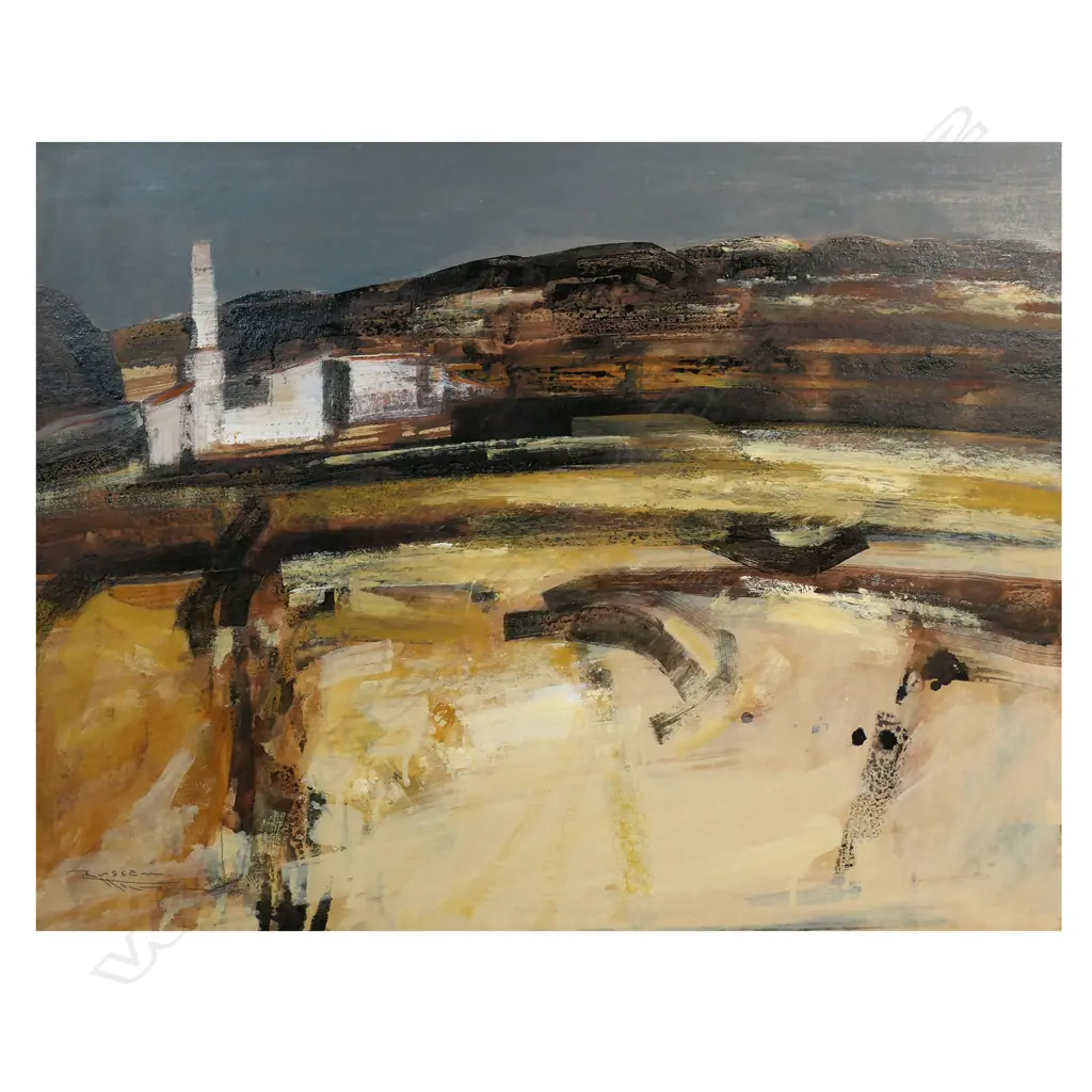 Russel Hollings 'Medieval Landscape' - mixed media, signed lower left; additional signed, titled and dated 2003 verso. 580 x 770mm. Antiqued gold acanthus ogee moulded frame, (small chip top right edge) overall 800 x 980mm, Image 1++