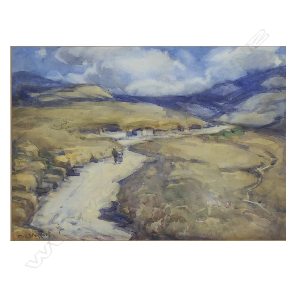 Margaret Olrog Stoddart (1865-1934) 'Two Figures in Hilly Landscape' - watercolour on paper, signed. 240 x 350mm. Image 1++