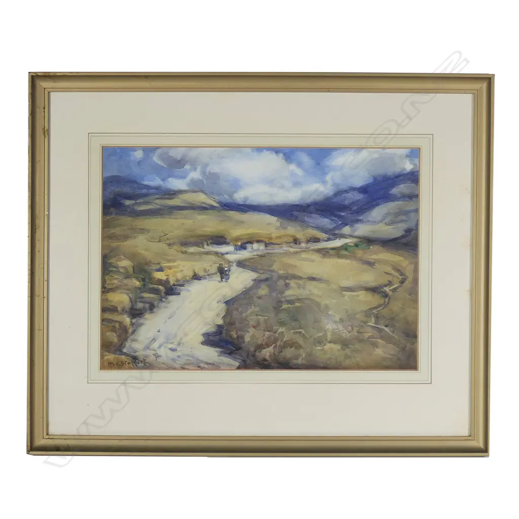 Margaret Olrog Stoddart (1865-1934) 'Two Figures in Hilly Landscape' - watercolour on paper, signed. 240 x 350mm. Image 1++