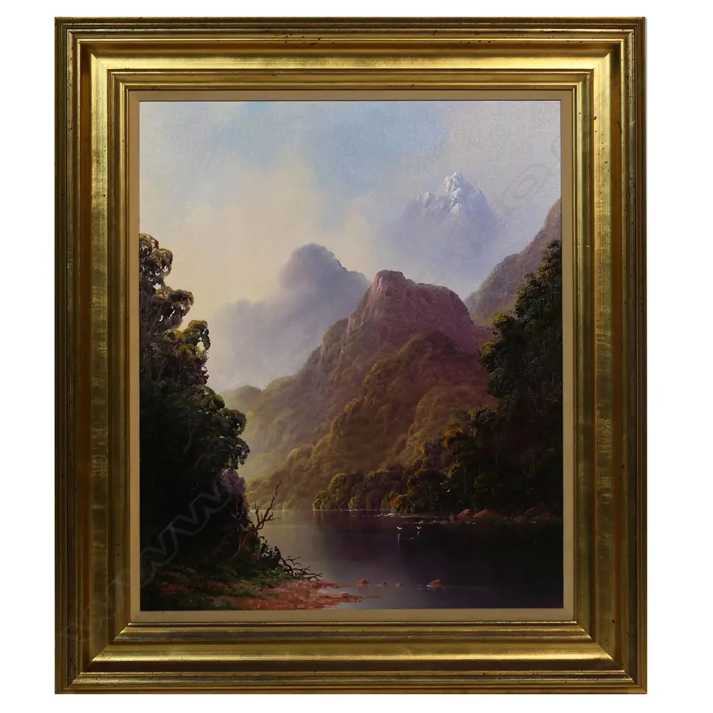 A.H.T. (Tim) Wilson (1954-2020) Untitled (bush landscape with snowy peak through mists) - oil on Berge linen, signed and dated '87. 635 x 520mm, Image 1++