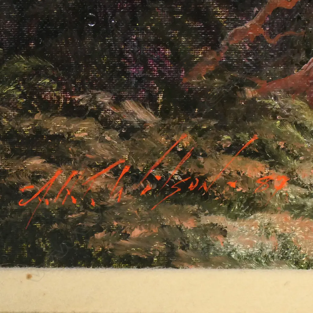 A.H.T. (Tim) Wilson (1954-2020) Untitled (bush landscape with snowy peak through mists) - oil on Berge linen, signed and dated '87. 635 x 520mm, Image 1++