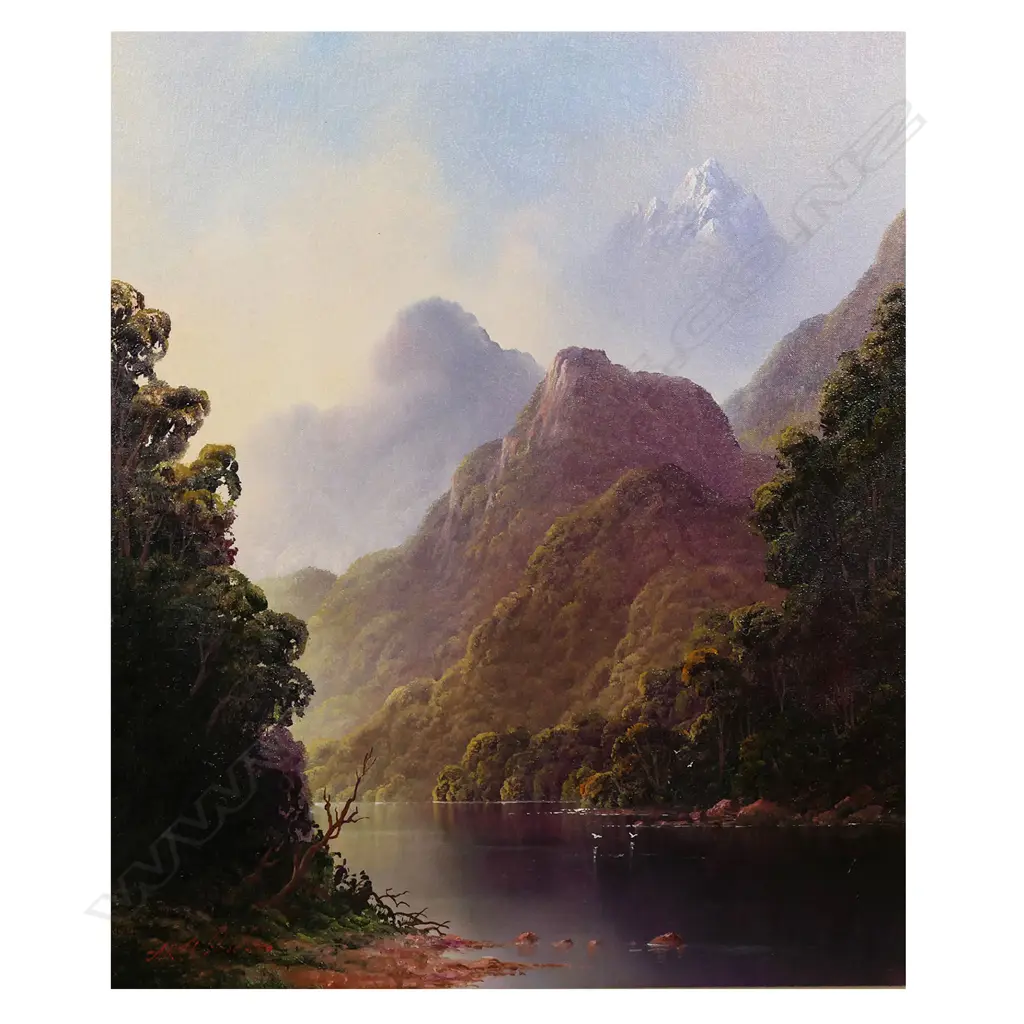 A.H.T. (Tim) Wilson (1954-2020) Untitled (bush landscape with snowy peak through mists) - oil on Berge linen, signed and dated '87. 635 x 520mm, Image 1++