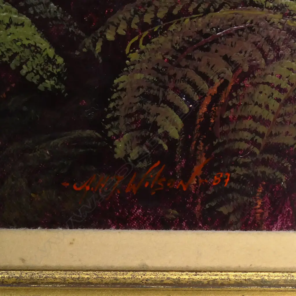 A.H.T. (Tim) Wilson (1954-2020) 'Bushscape' - oil on Berge linen, titled lower left, signed and dated '87. 480 x 635mm. Image 1++