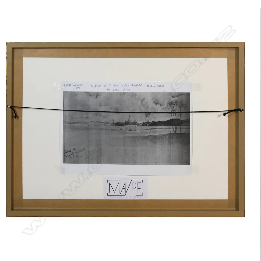 John Kinder (UK/NZ 1819-1903) St. John's College Chapel Meadowbank Auckland c.1857 - watercolour and pencil, unsigned. Another work verso, entitled 'Paihia Bay of Island's', (Maybe over drawn) signed. 195 x 350mm. Note: Rangitoto Island is visible in the distance. Image 1++