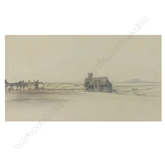 John Kinder (UK/NZ 1819-1903) St. John's College Chapel Meadowbank Auckland c.1857 - watercolour and pencil, unsigned. Another work verso, entitled 'Paihia Bay of Island's', (Maybe over drawn) signed. 195 x 350mm. Note: Rangitoto Island is visible in the distance.