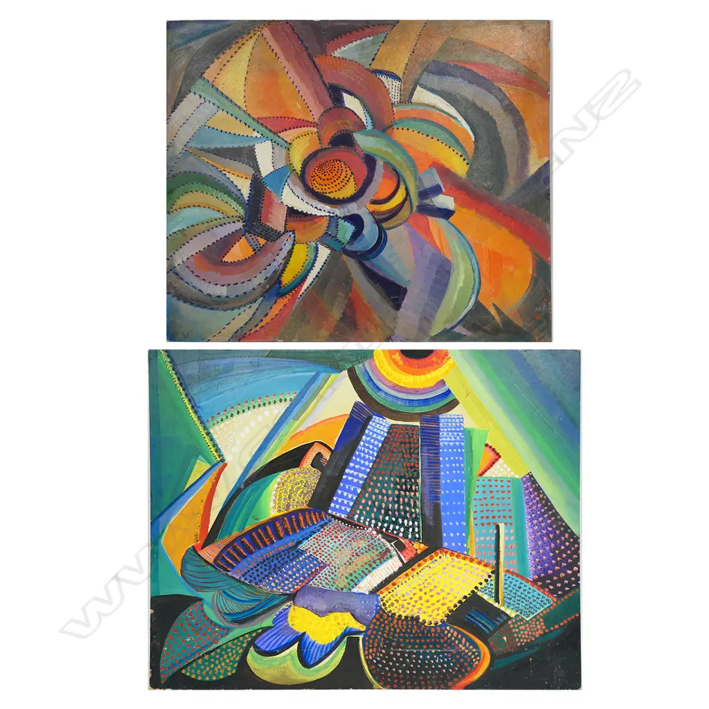 Florence M Luxford (member NZAFA 1947-79), two works: ‘Colour Sequence' acrylic and oil on board, signed. 570 x 720mm unframed. Along with another unframed and untitled work 610 x 510mm, Image 1++
