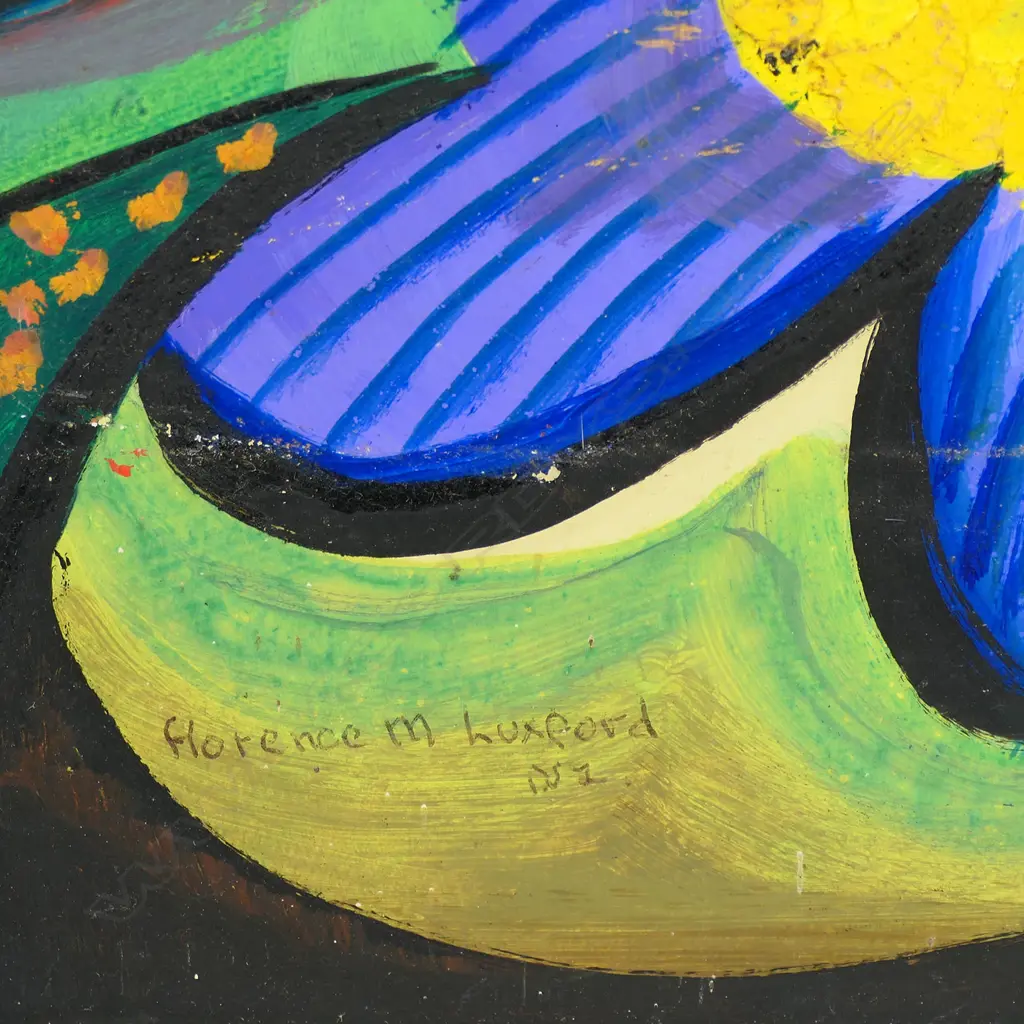 Florence M Luxford (member NZAFA 1947-79), two works: ‘Colour Sequence' acrylic and oil on board, signed. 570 x 720mm unframed. Along with another unframed and untitled work 610 x 510mm, Image 1++
