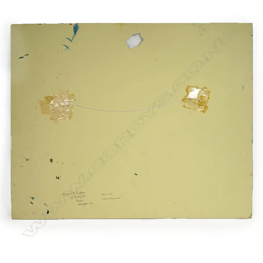 Florence M Luxford (member NZAFA 1947-79), two works: ‘Colour Sequence' acrylic and oil on board, signed. 570 x 720mm unframed. Along with another unframed and untitled work 610 x 510mm, Image 1++