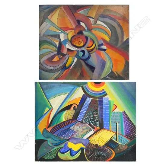 Florence M Luxford (member NZAFA 1947-79), two works: ‘Colour Sequence' acrylic and oil on board, signed. 570 x 720mm unframed. Along with another unframed and untitled work 610 x 510mm,