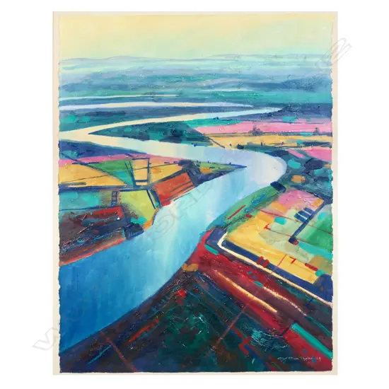 Cynthia Taylor (NZ 1947-) 'Snake River II' - acrylic on paper, signed and dated '89, details verso. 760 x 580mm.