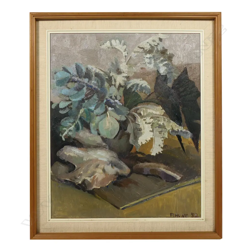Frances Irwin Hunt (1890-1981) 'Leaves and Driftwood' - oil on board - signed and dated '52. John Leech exhibition label verso. 550 x 440mm, Image 1++