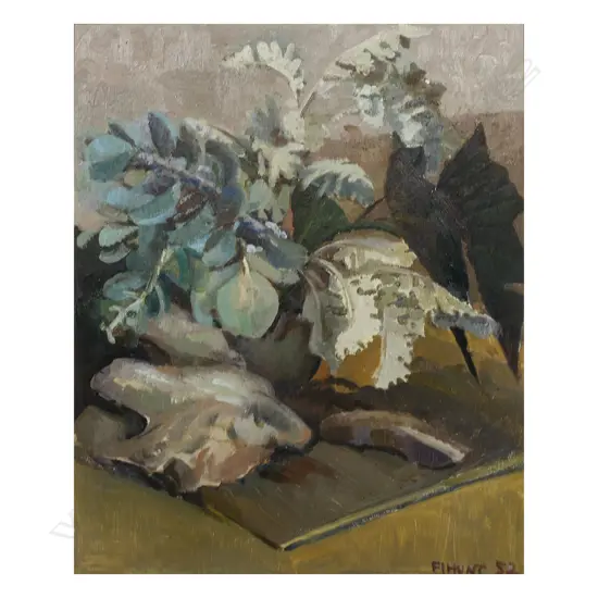 Frances Irwin Hunt (1890-1981) 'Leaves and Driftwood' - oil on board - signed and dated '52. John Leech exhibition label verso. 550 x 440mm,