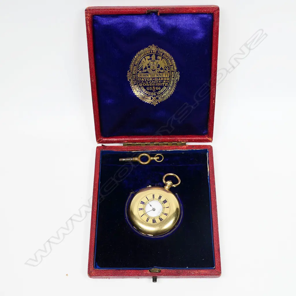 A Victorian 18ct gold half hunter pocket watch - enamel chapter ring to the front, the white enamel dial with Roman numerals and seconds dial, recently serviced, with key and in maker's original box, 55gms. Dia. 42mm. Image 1++