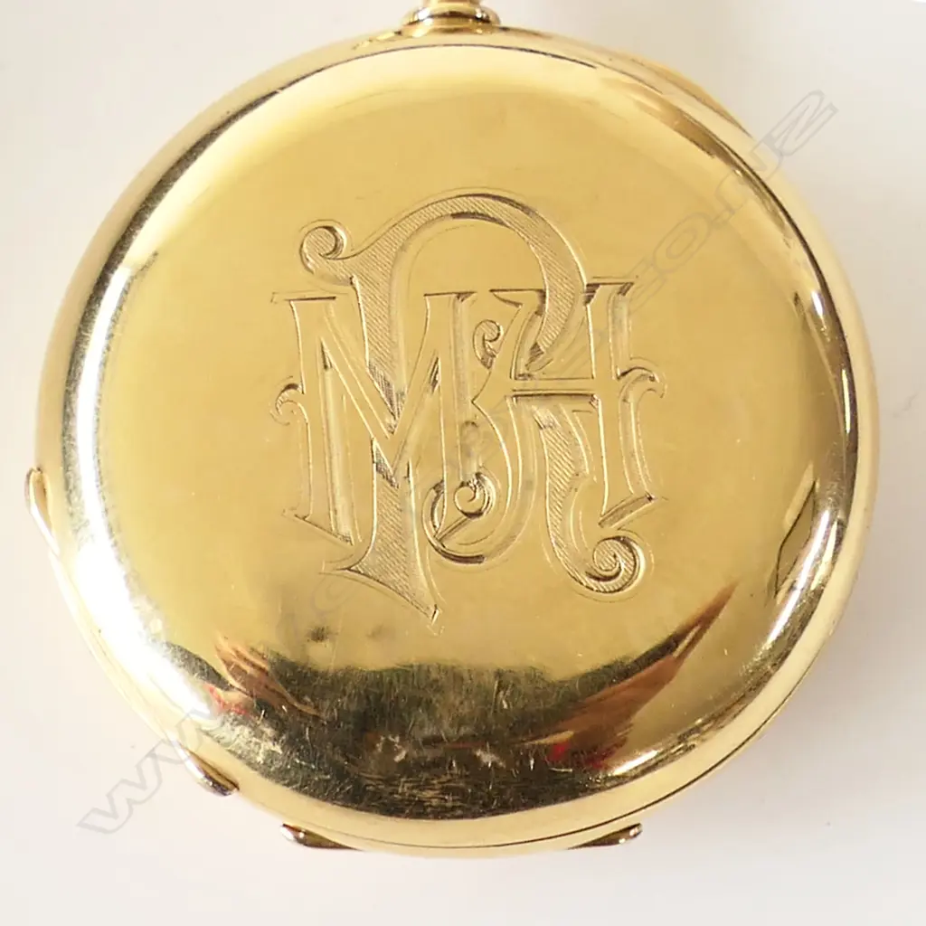 A Victorian 18ct gold half hunter pocket watch - enamel chapter ring to the front, the white enamel dial with Roman numerals and seconds dial, recently serviced, with key and in maker's original box, 55gms. Dia. 42mm. Image 1++