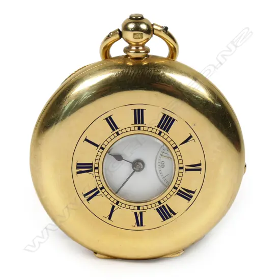 A Victorian 18ct gold half hunter pocket watch - enamel chapter ring to the front, the white enamel dial with Roman numerals and seconds dial, recently serviced, with key and in maker's original box, 55gms. Dia. 42mm.
