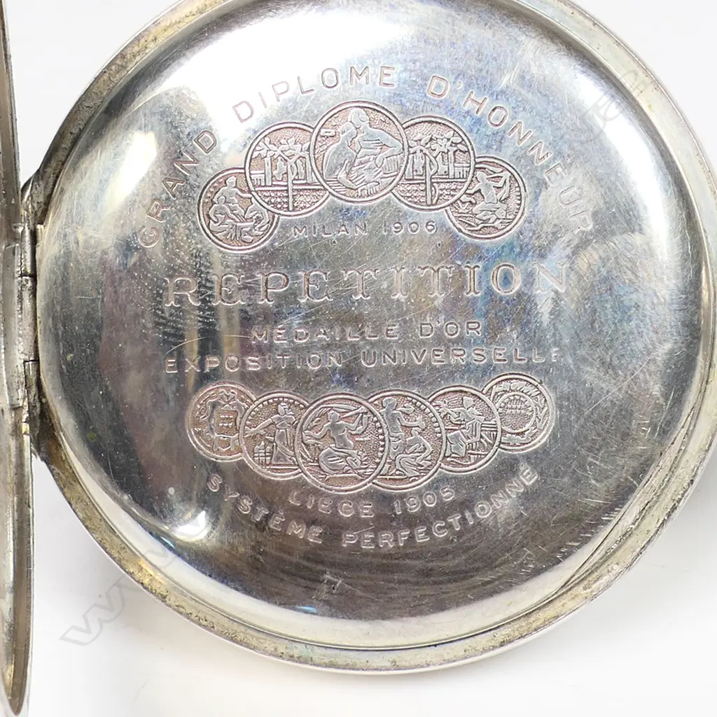 An early 20thC 800 silver Utmost Swiss repeater pocket watch - open face with white enamel dial and Arabic numerals. Internal inscription 1905 Liège International Exposition. Image 1++