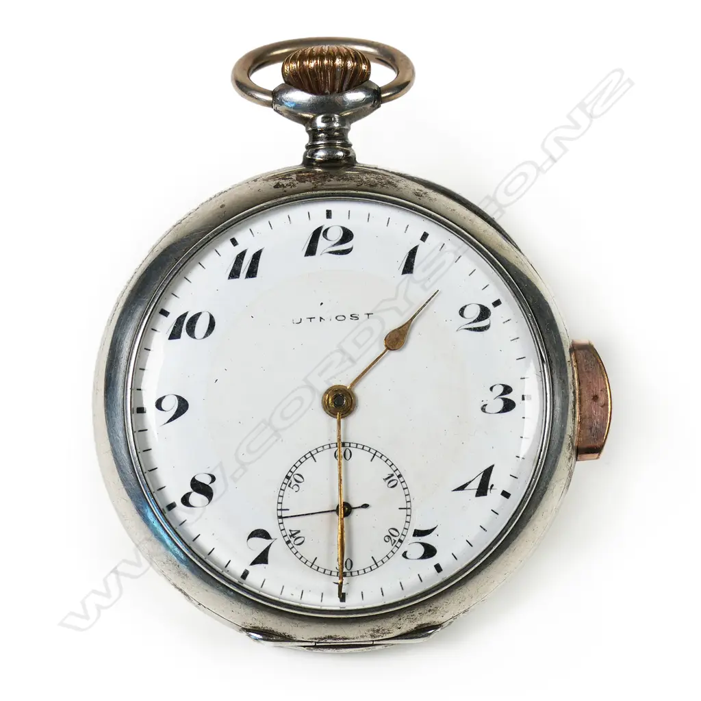 An early 20thC 800 silver Utmost Swiss repeater pocket watch - open face with white enamel dial and Arabic numerals. Internal inscription 1905 Liège International Exposition. Image 1++