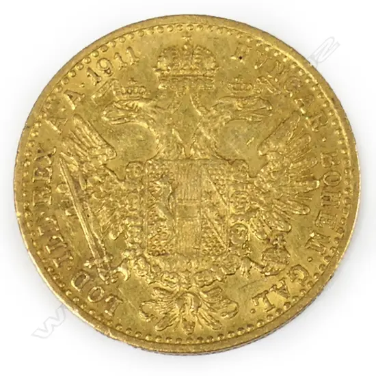 1911 1 ducat Austrian Empire Francis Joseph I gold (.986) coin - 3.49gms. Dia.20mm.