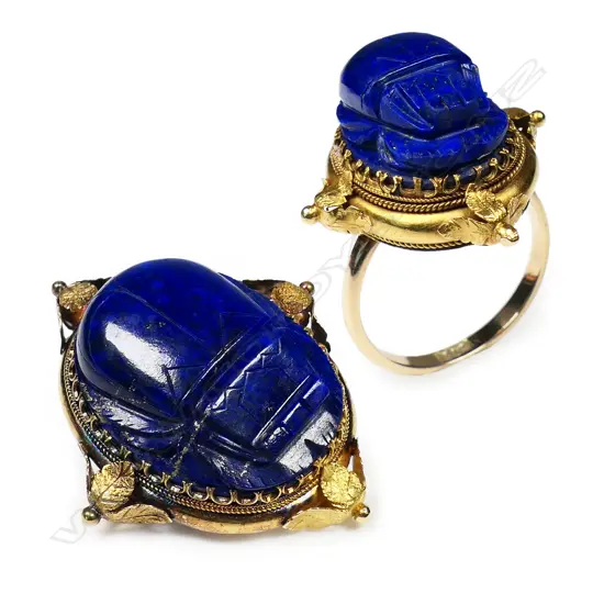 An impressive 18ct gold antique lapis lazuli scarab beetle ring and brooch - both multi claw set in ornate decorative frames. The ring on a later 15ct gold shank. The brooch's fitting absent.