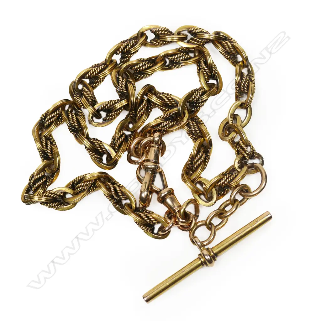 A c1900 good 15ct gilded rose gold Prince of Wales link Albert chain - uniform links, with pair of clips and T-bar. All original. L.420mm. 48.3gms Image 1++