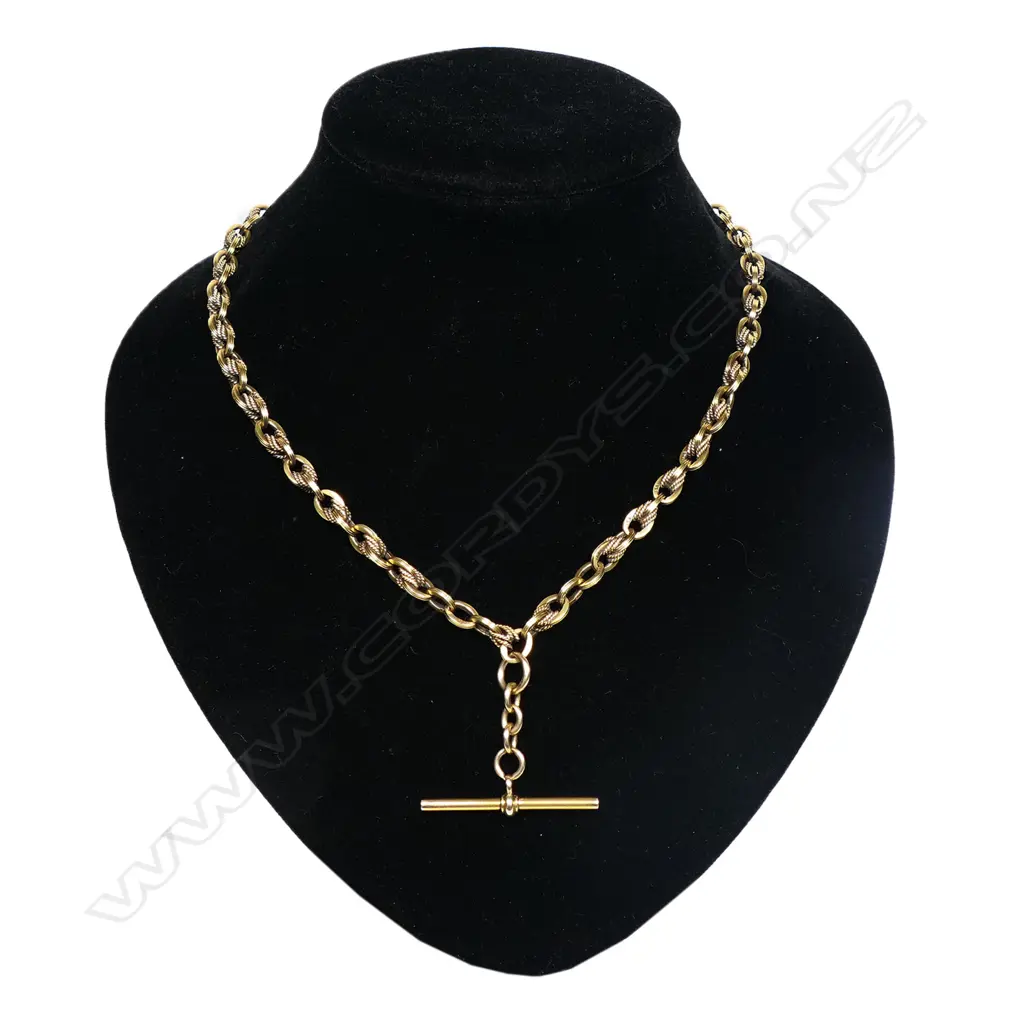 A c1900 good 15ct gilded rose gold Prince of Wales link Albert chain - uniform links, with pair of clips and T-bar. All original. L.420mm. 48.3gms Image 1++