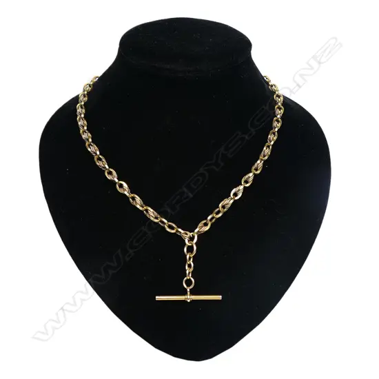 A c1900 good 15ct gilded rose gold Prince of Wales link Albert chain - uniform links, with pair of clips and T-bar. All original. L.420mm. 48.3gms