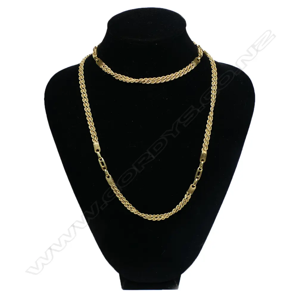 An 18ct gold chain - a double rope twist chain with five 'horse bit' style links. 63.23gms. L.740mm. 63.23gms. Valuation available. Image 1++