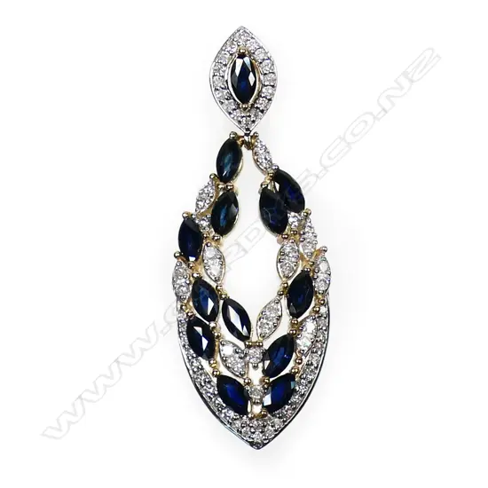 A 14ct gold sapphire and diamond drop pendant - thirteen marquise cut royal blue sapphires (minor eye visible inclusions), claw set and embellished with sixty-six round brilliant cut diamonds (Colour J-K, Clarity SI2-I2), bead set in white gold. TSW. 2.00ct. TDW. 0.52ct.