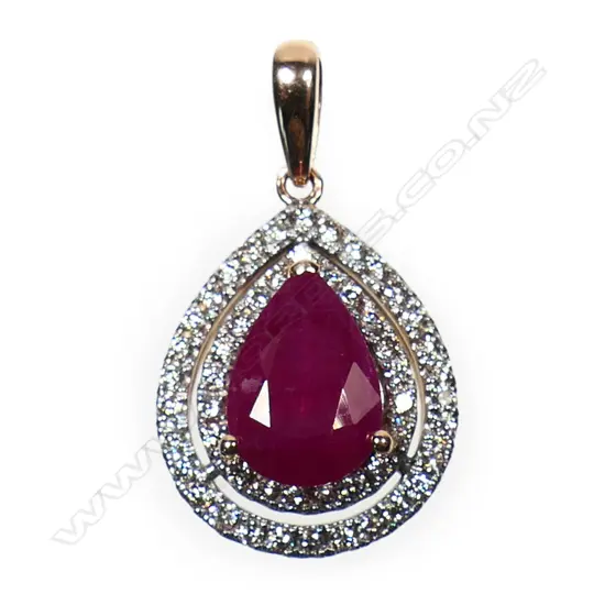 A 14ct rose gold ruby and champagne diamond double halo pendant - a 2.82ct pear facet cut pinkish-red ruby (included), claw set and surrounded by a double halo of fifty-one round brilliant cut champagne diamonds, claw set. TDW. 045ct.