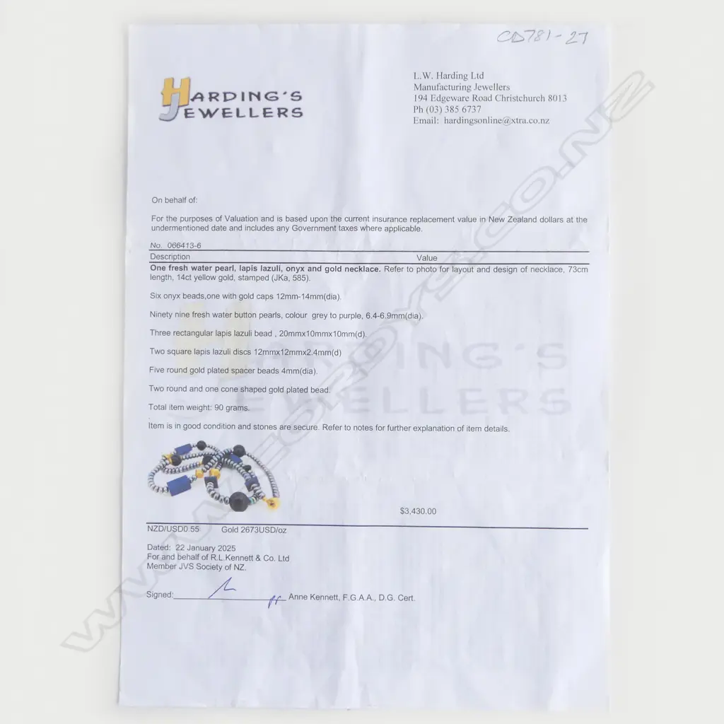 A modern designer fresh water pearl lapis lazuli onyx and gold necklace - the 99 fresh water pearls of grey to purple tone and 6.4 to 6.9mm diameter highlighted with six round onyx beads, five lapis beads and various gold plated beads, with 14ct yellow gold clasp. L.730mm. Valuation available. Image 1++