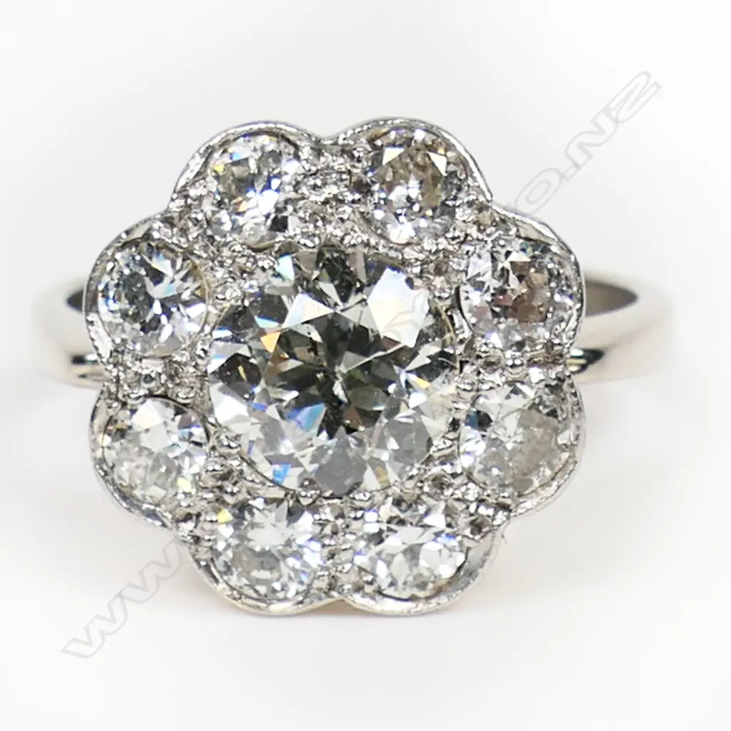 An impressive old 18ct gold and large diamond cluster ring - the central brilliant cut diamond of approx. 1.25ct. Bead set and framed by eight smaller brilliant cut diamonds to a white gold topped yellow gold under basket mount. On an 18ct white gold later shank. Ring size P. Image 1++