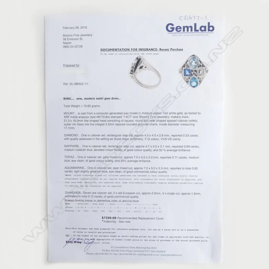 A 14ct white gold diamond, sapphire, topaz and aquamarine dress ring - the diamond form mount set with a 0.53ct rectangular step cut diamond, a 0.69ct rectangular step cut sapphire, a 0.71ct pear cut topaz and a 0.83ct pear cut aquamarine. Seven small diamonds (TDW.0.12ct) embellish the design. Maker's mark for Blooms Fine Jewellery. Valuation available. Image 1++