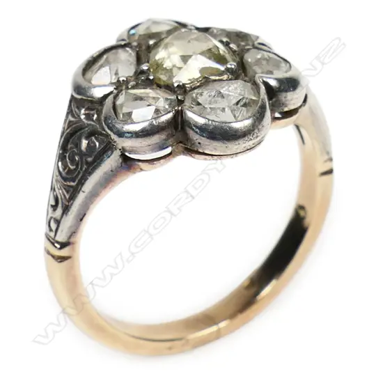 A Georgian 15ct gold and silver diamond ring,
