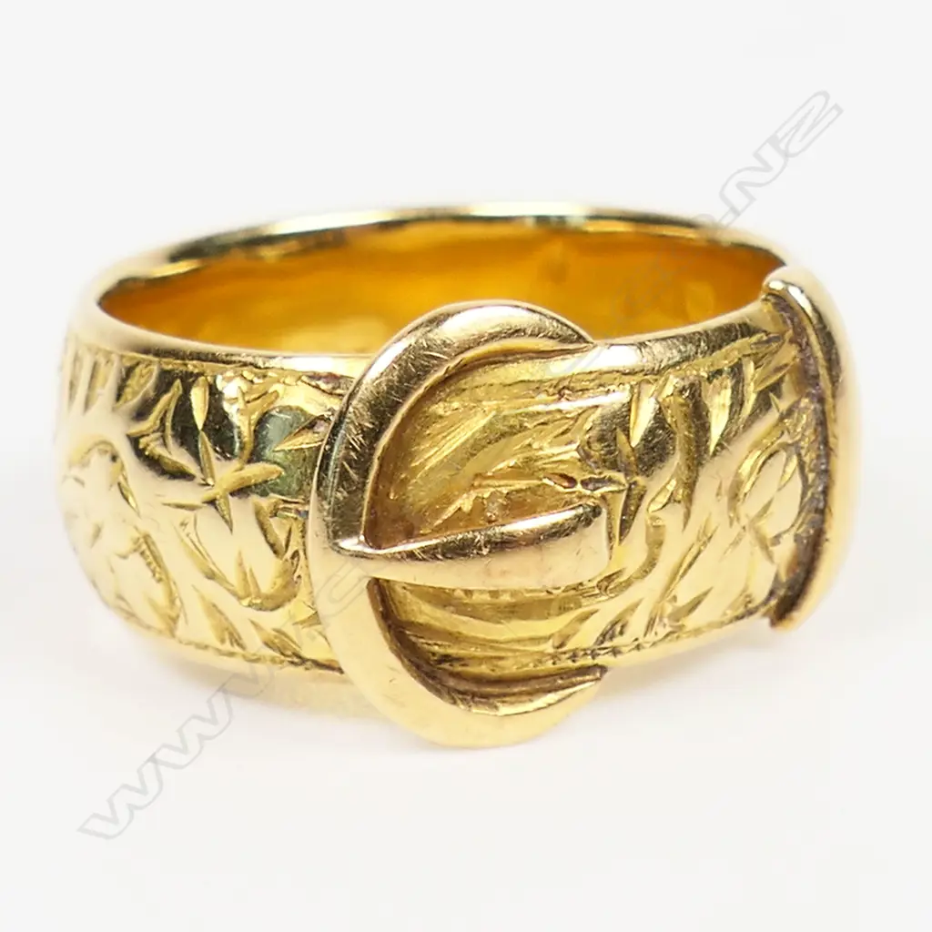 An Edwardian 18ct gold engraved buckle ring - a good heavy wide example in good condition. 4.15gms. Birmingham 1906 Image 1++