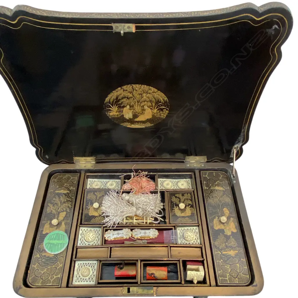 A Victorian paper machè chinoiserie sewing table - the interior with various compartments and with original ivory and bone accessories, pull out fabric well, lyre shaped supports and stretcher base. 530 x 380 x 640mm. Image 1++