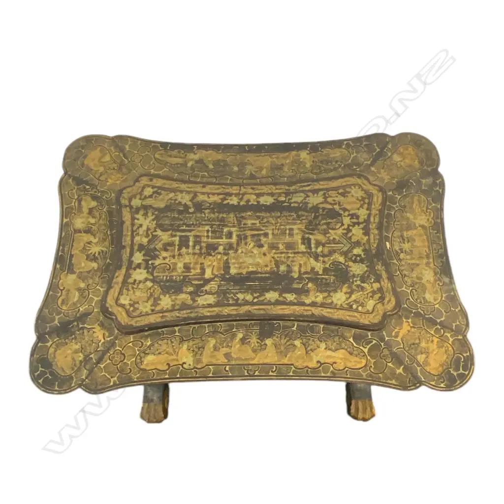 A Victorian paper machè chinoiserie sewing table - the interior with various compartments and with original ivory and bone accessories, pull out fabric well, lyre shaped supports and stretcher base. 530 x 380 x 640mm. Image 1++