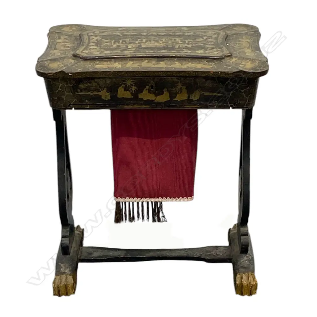 A Victorian paper machè chinoiserie sewing table - the interior with various compartments and with original ivory and bone accessories, pull out fabric well, lyre shaped supports and stretcher base. 530 x 380 x 640mm. Image 1++