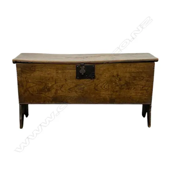 A George I oak sword chest - cut detail to side edges, raised on reverse V supports, iron lock. 1000 x 320 x 520mm.