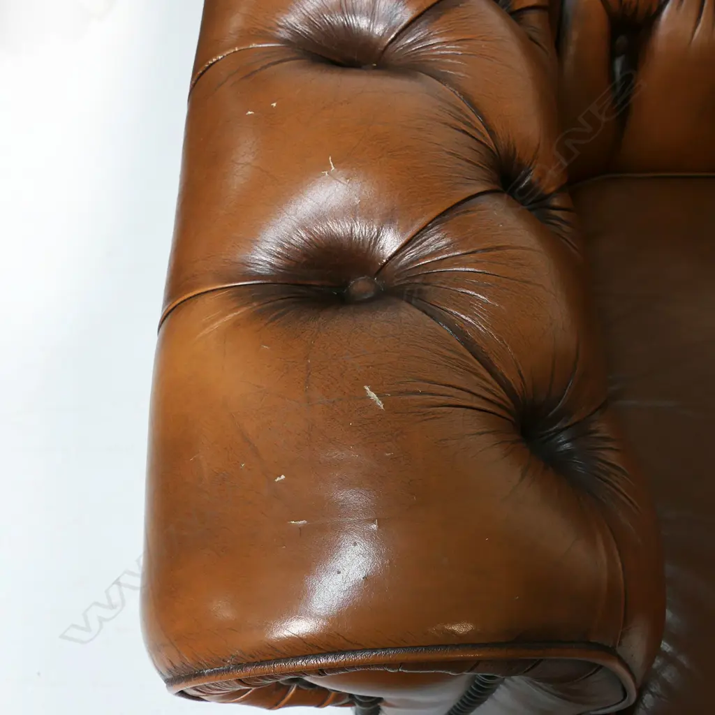 A brown buttoned leather roll arm two-seater chesterfield sofa - by Moran of Australia, of 'full grain bovine leather', buttoned to the back, arms and front with large tarnished copper studded detail. Minor wear. L.1900. H.710mm. Image 1++