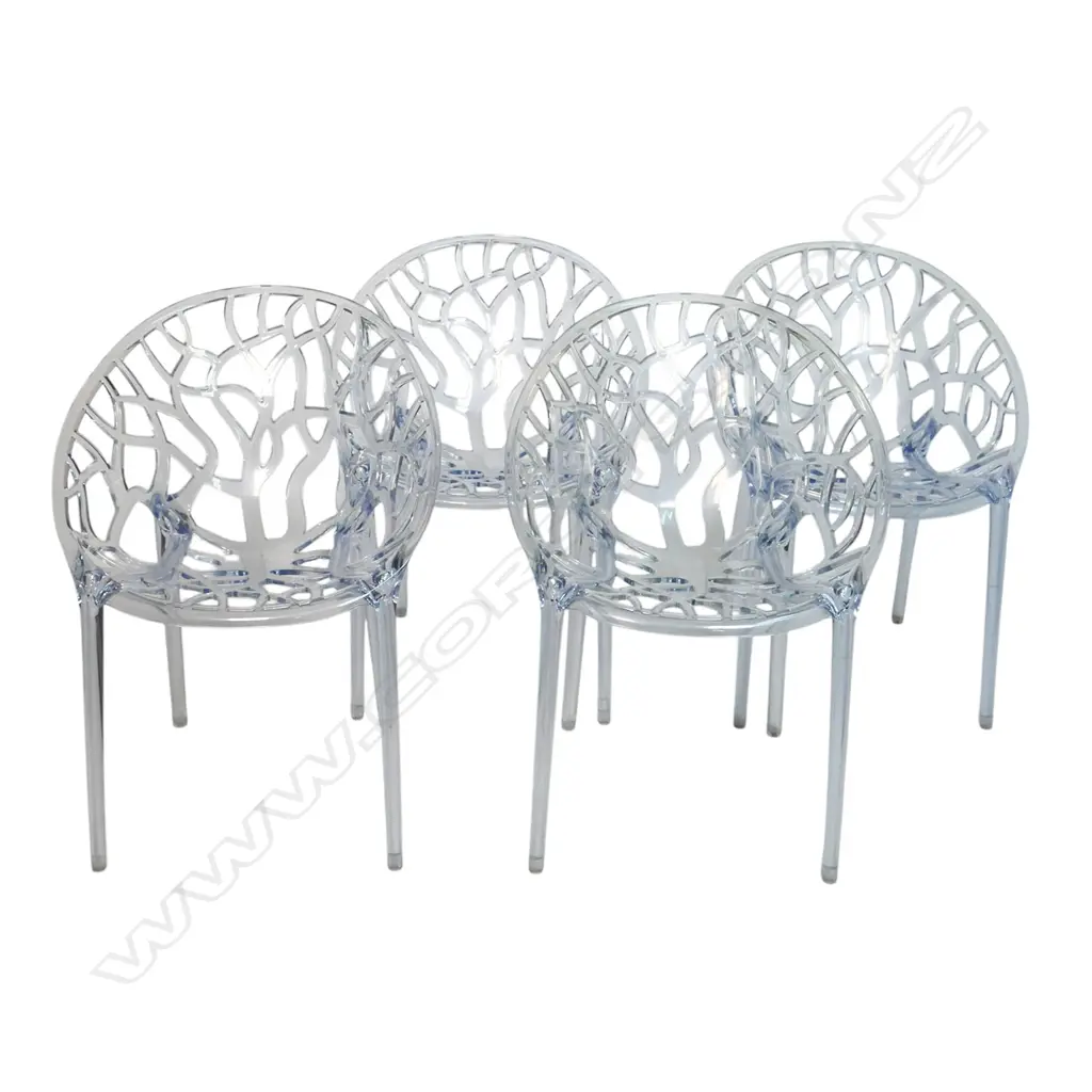 A set of four modern Siesta 'Crystal' polycarbonate outdoor designer chairs - stylish entwined tree branch design. Moulded marks to base. Image 1++