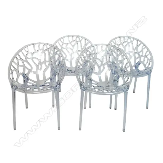 A set of four modern Siesta 'Crystal' polycarbonate outdoor designer chairs - stylish entwined tree branch design. Moulded marks to base.
