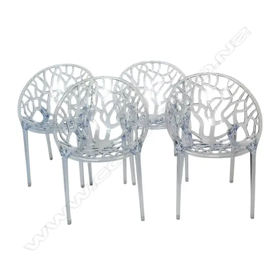 A set of four modern Siesta 'Crystal' polycarbonate outdoor designer chairs - stylish entwined tree branch design. Moulded marks to base.