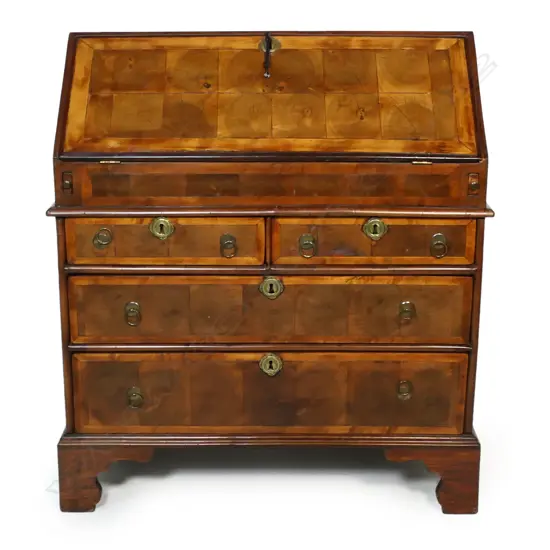 A George II walnut oyster shell veneer drop front bureau - the interior with traditional configuration plus storage well, the base of two half drawers over two full width drawers, raised on bracket feet. 840 x 480 x 980mm.