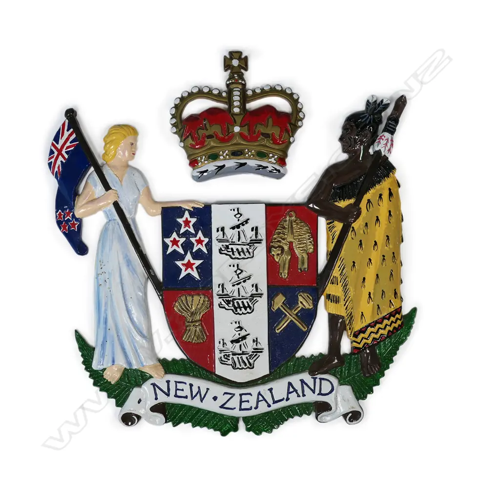 A vintage painted two-piece cast aluminium New Zealand Coat of Arms Image 1++