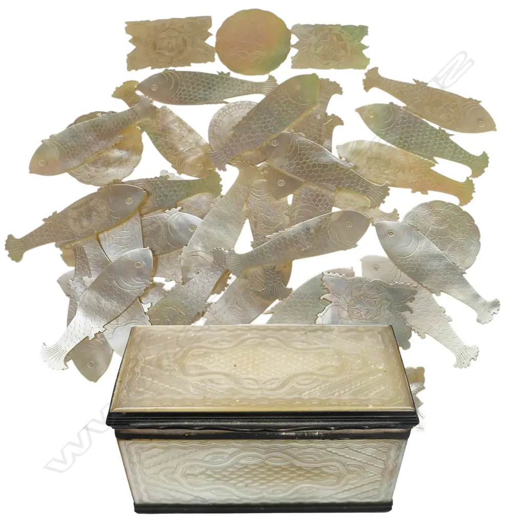 A late 19thC Chinese silver and mother of pearl box with gaming tokens, Image 1++