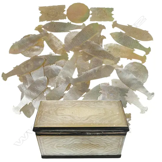 A late 19thC Chinese silver and mother of pearl box with gaming tokens,